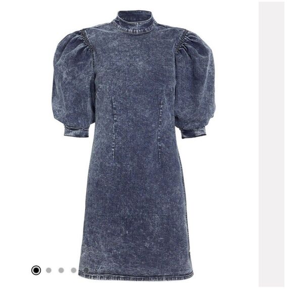GANNI 90's Acid Wash Stretch Denim Puff Sleeve Mock Neck Cult Mini Dress Size 36 - Picture 5 of 16